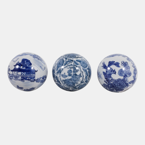 23399#S/3 5" Assorted Chinoiserie Orbs, Blue/white