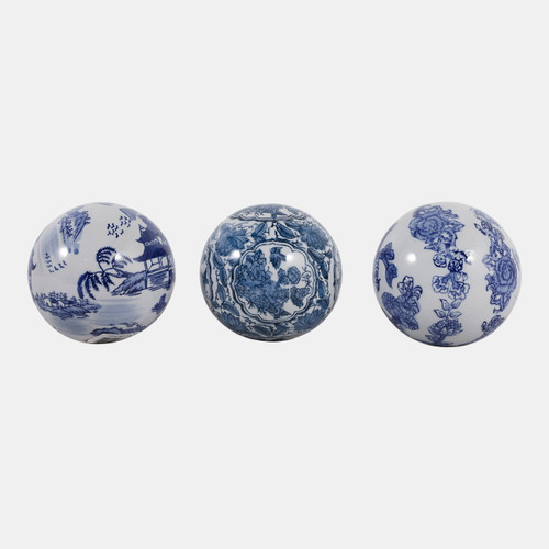 23399#S/3 5" Assorted Chinoiserie Orbs, Blue/white