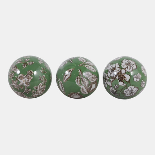 23400#S/3 5" Assorted Chinoiserie Orbs, Green/white