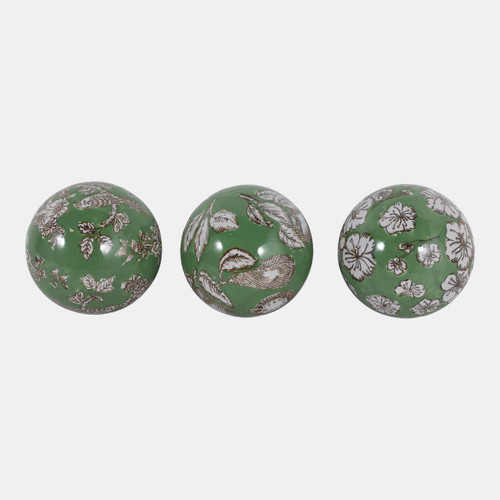 23400#S/3 5" Assorted Chinoiserie Orbs, Green/white