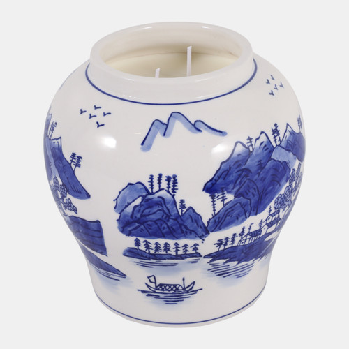 80577#7" 39 Oz Neroli & Basil Chinoiserie Candle, Blue/w