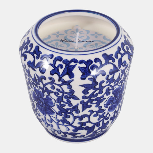 80580#5" 17.3 Oz Ocean Mist Chinoiserie Candle, Blue/wht