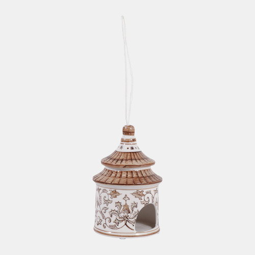 21986-01#7x5" Chinoiserie Pagoda Bird House, Brown/white