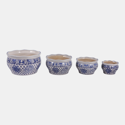 23403#S/4 6/8/10/13" Chinoiserie Planters, Blue/white