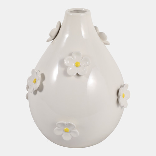 23410-02#10x8" Daisy Applique Vase, Ivory/yellow