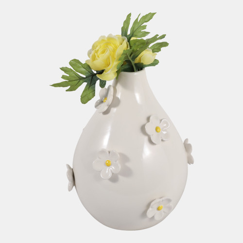 23410-02#10x8" Daisy Applique Vase, Ivory/yellow