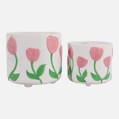 23412#S/2 7/8" Tulip Embossed Footed Planters, Pink/ivor
