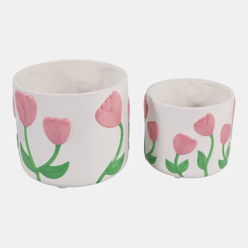 23412#S/2 7/8" Tulip Embossed Footed Planters, Pink/ivor