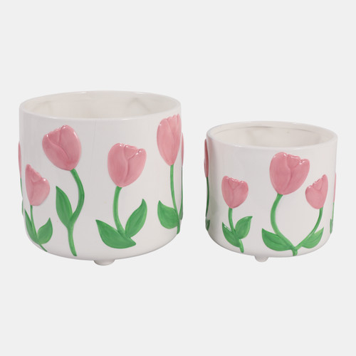 23412#S/2 7/8" Tulip Embossed Footed Planters, Pink/ivor