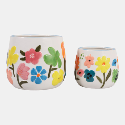23414#S/2 6/8" Floral Embossed Planters, Multi