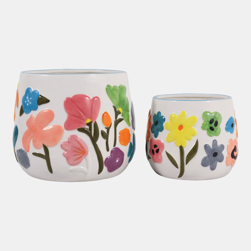 23414#S/2 6/8" Floral Embossed Planters, Multi