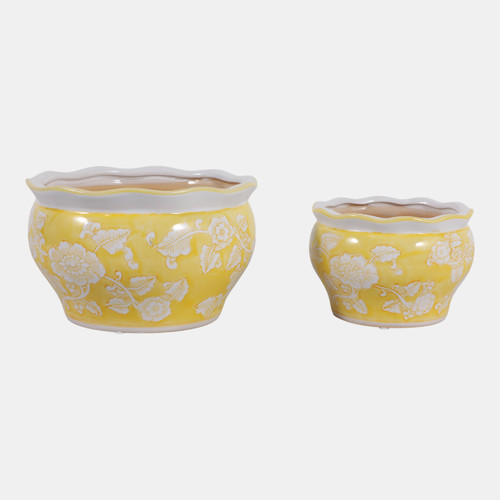 19138-02#Cer, S/2 6/8" Round Chinoisere Planters, Yellow