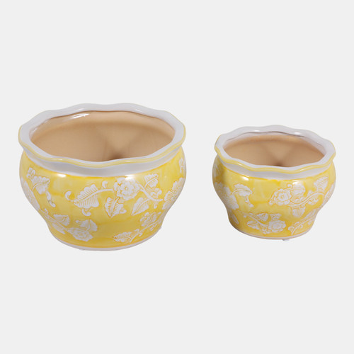 19138-02#Cer, S/2 6/8" Round Chinoisere Planters, Yellow