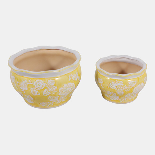 19138-02#Cer, S/2 6/8" Round Chinoisere Planters, Yellow
