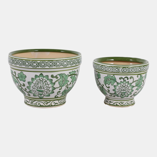 19140-02#Cer, S/2 5/7" Bowl Chinoiserie Planters, Green