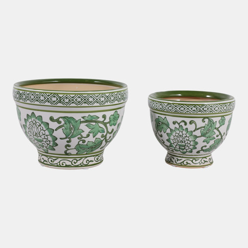 19140-02#Cer, S/2 5/7" Bowl Chinoiserie Planters, Green