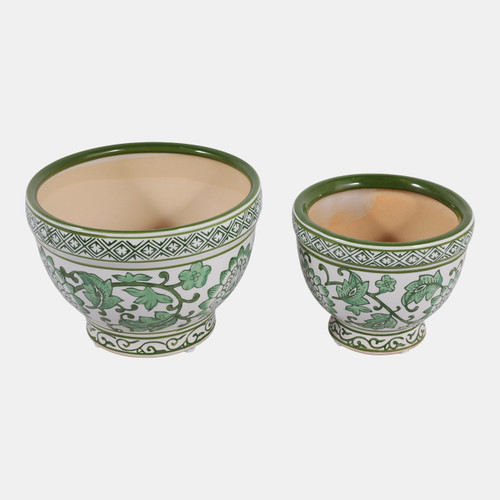 19140-02#Cer, S/2 5/7" Bowl Chinoiserie Planters, Green
