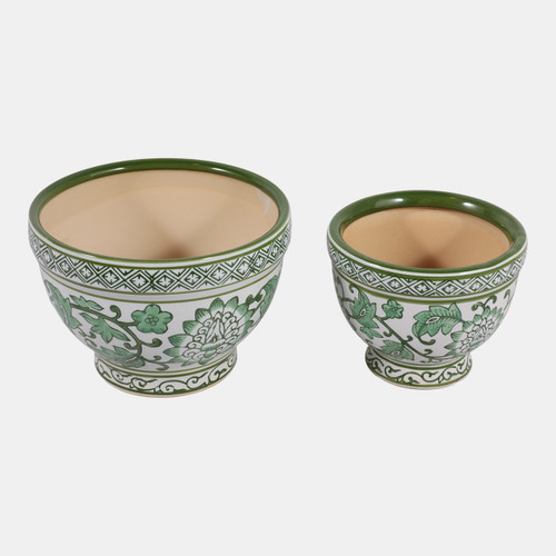 19140-02#Cer, S/2 5/7" Bowl Chinoiserie Planters, Green
