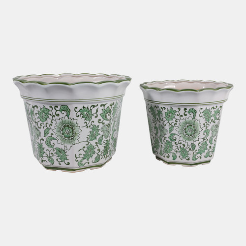 19141-02#Cer,s/2 10/12" Chinoiserie Pot Planters, Green