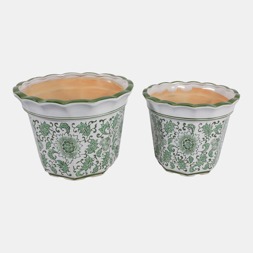 19141-02#Cer,s/2 10/12" Chinoiserie Pot Planters, Green
