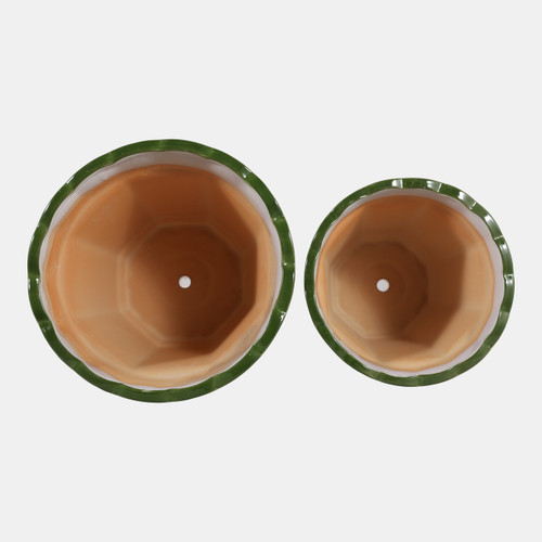 19141-02#Cer,s/2 10/12" Chinoiserie Pot Planters, Green