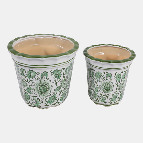 19141-03#Cer, S/2 6/8" Chinoiserie Pot Planters, Green