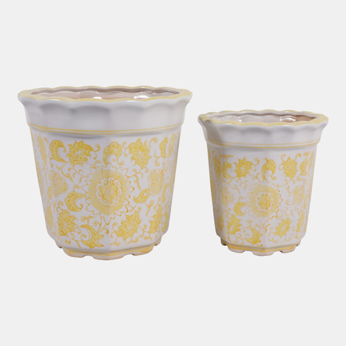 19141-04#Cer, S/2 6/8" Chinoiserie Pot Planters, Yellow