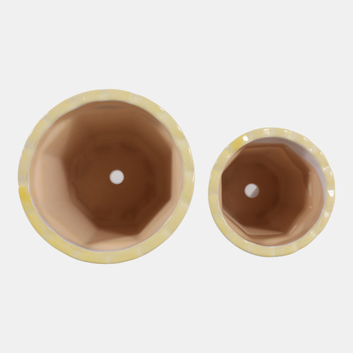 19141-04#Cer, S/2 6/8" Chinoiserie Pot Planters, Yellow