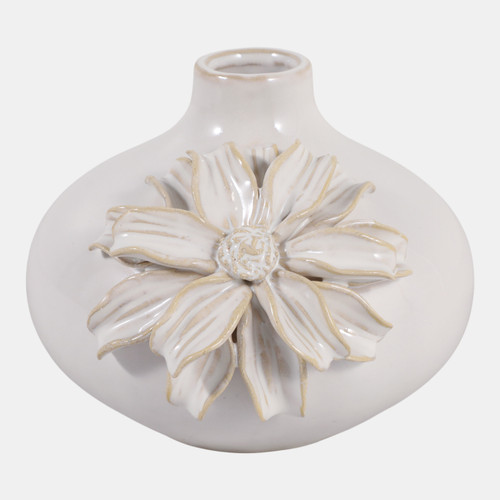 23570-01#6x5" Dahlia Applique Short Bud Vase, Ivory