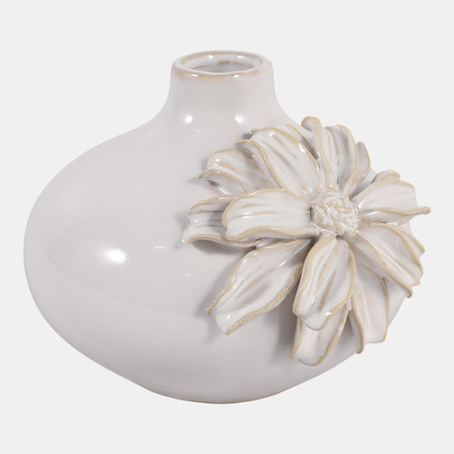 23570-01#6x5" Dahlia Applique Short Bud Vase, Ivory