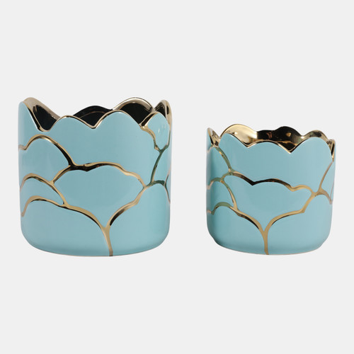 20318-05#S/2 6/7" Clouds Planter,vase, Light Turquoise/gold