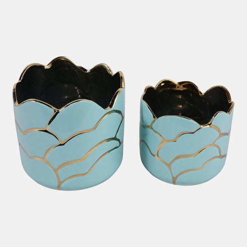 20318-05#S/2 6/7" Clouds Planter,vase, Light Turquoise/gold