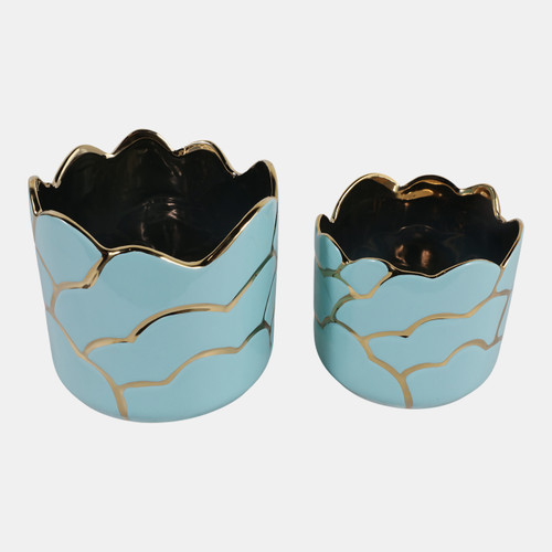 20318-05#S/2 6/7" Clouds Planter,vase, Light Turquoise/gold