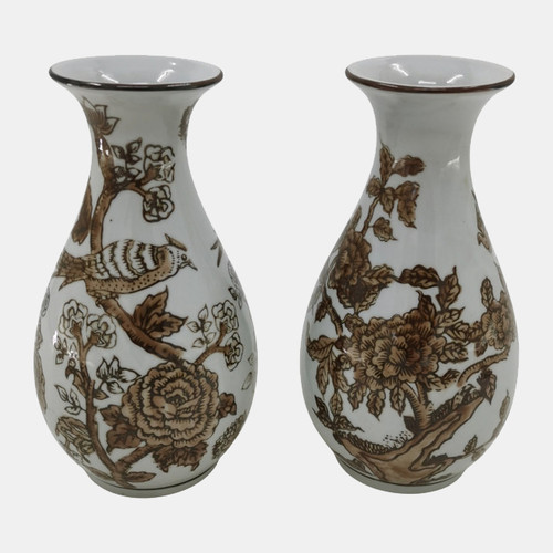 23594#S/2 8" Chinoiserie Bud Vases, Brown/white
