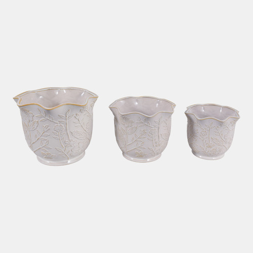 23613-01#S/3 8/9/11" Wildflower Ruffle Edge Planters, Ivory