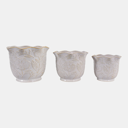 23613-01#S/3 8/9/11" Wildflower Ruffle Edge Planters, Ivory