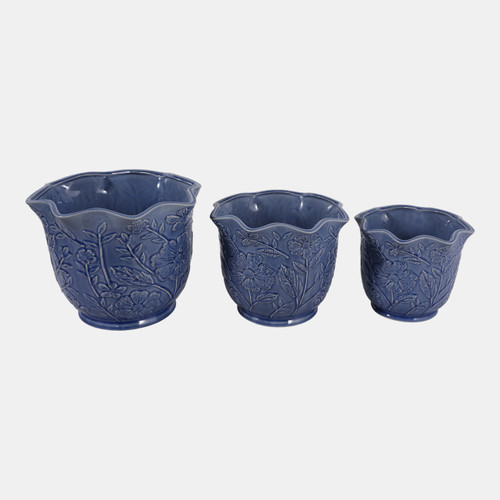 23613-02#S/3 8/9/11" Wildflower Ruffle Edge Planters, Blue