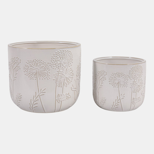23620-01#S/2 6/8" Floral Embossed Planters, Ivory
