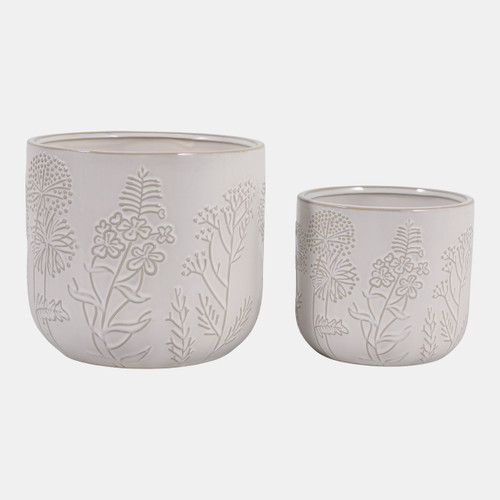 23620-01#S/2 6/8" Floral Embossed Planters, Ivory