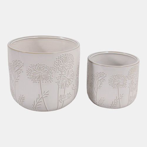 23620-01#S/2 6/8" Floral Embossed Planters, Ivory