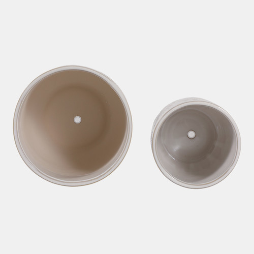 23620-01#S/2 6/8" Floral Embossed Planters, Ivory