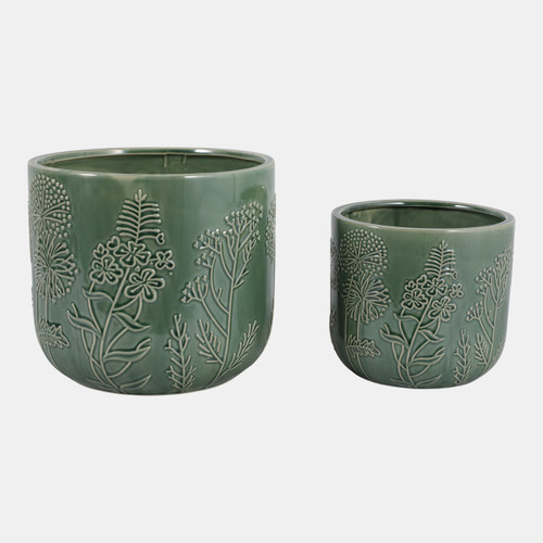 23620-02#S/2 6/8" Floral Embossed Planters, Sage Green