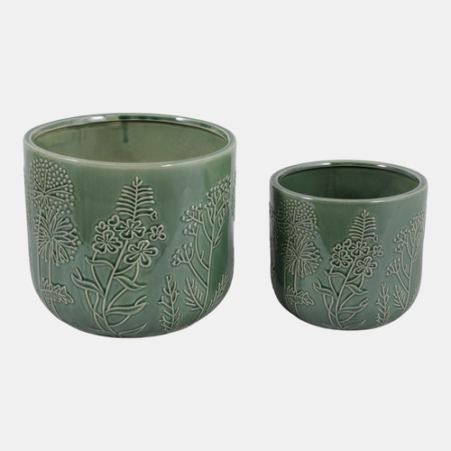 23620-02#S/2 6/8" Floral Embossed Planters, Sage Green