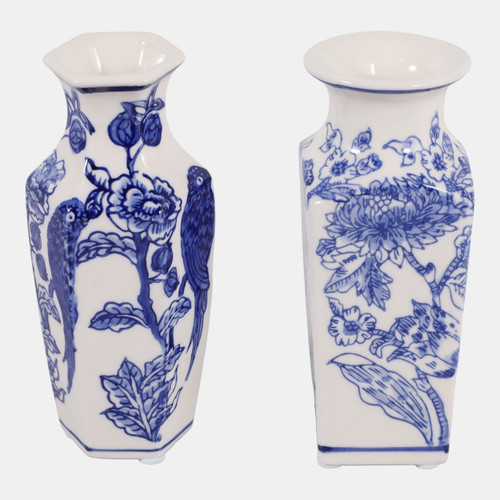 23642#S/2 6x3" Chinoiserie Bud Vases, Blue/white