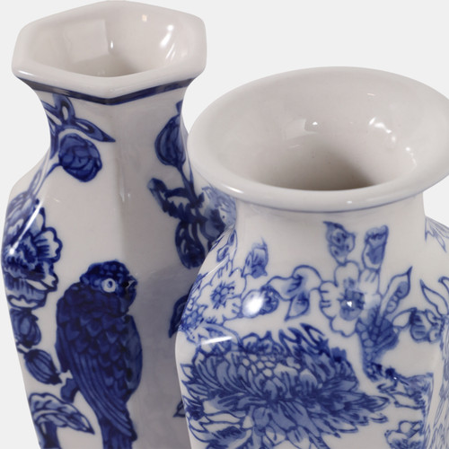23642#S/2 6x3" Chinoiserie Bud Vases, Blue/white