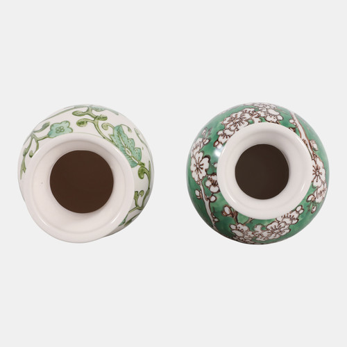 23643-01#S/2 6.5x4" Chinoiserie Bud Vases, Green/white