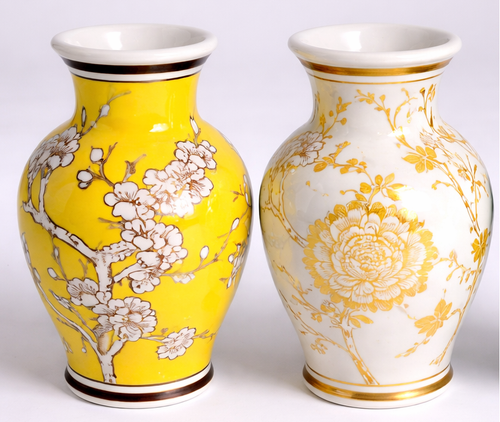 23643-02#S/2 6.5x4" Chinoiserie Bud Vases, Yellow/white