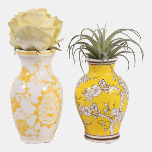 23643-02#S/2 6.5x4" Chinoiserie Bud Vases, Yellow/white