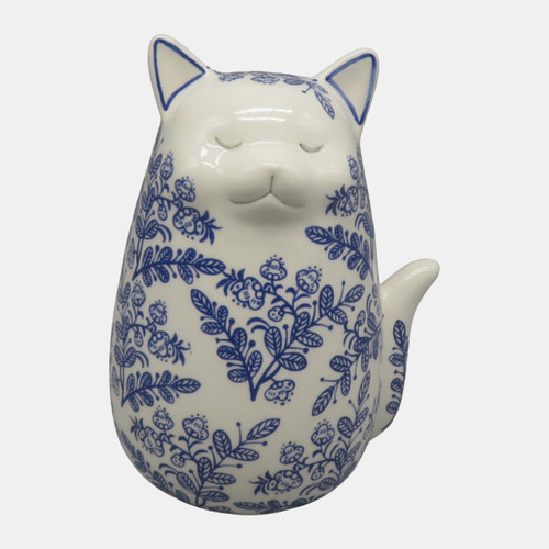18480-04#6x5" Leaf Print Sitting Kitty, Blue/white