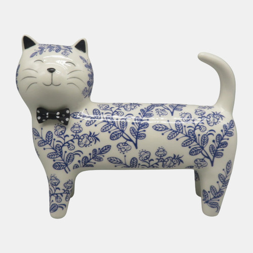 18952-03#8x7" Leaf Print Kitty, Blue/white